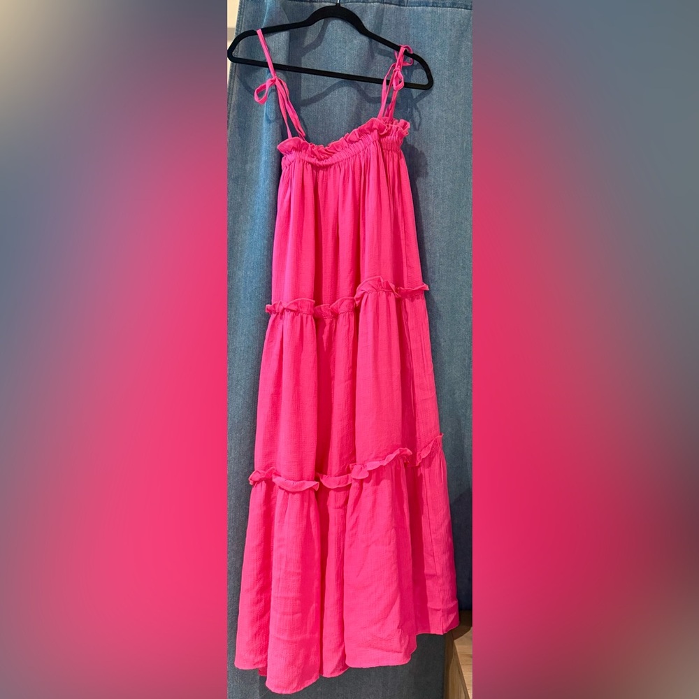 &Merci Hot Pink Ruffled Tiered Maxi Dress with Tie/Adjustable Traps Size Small